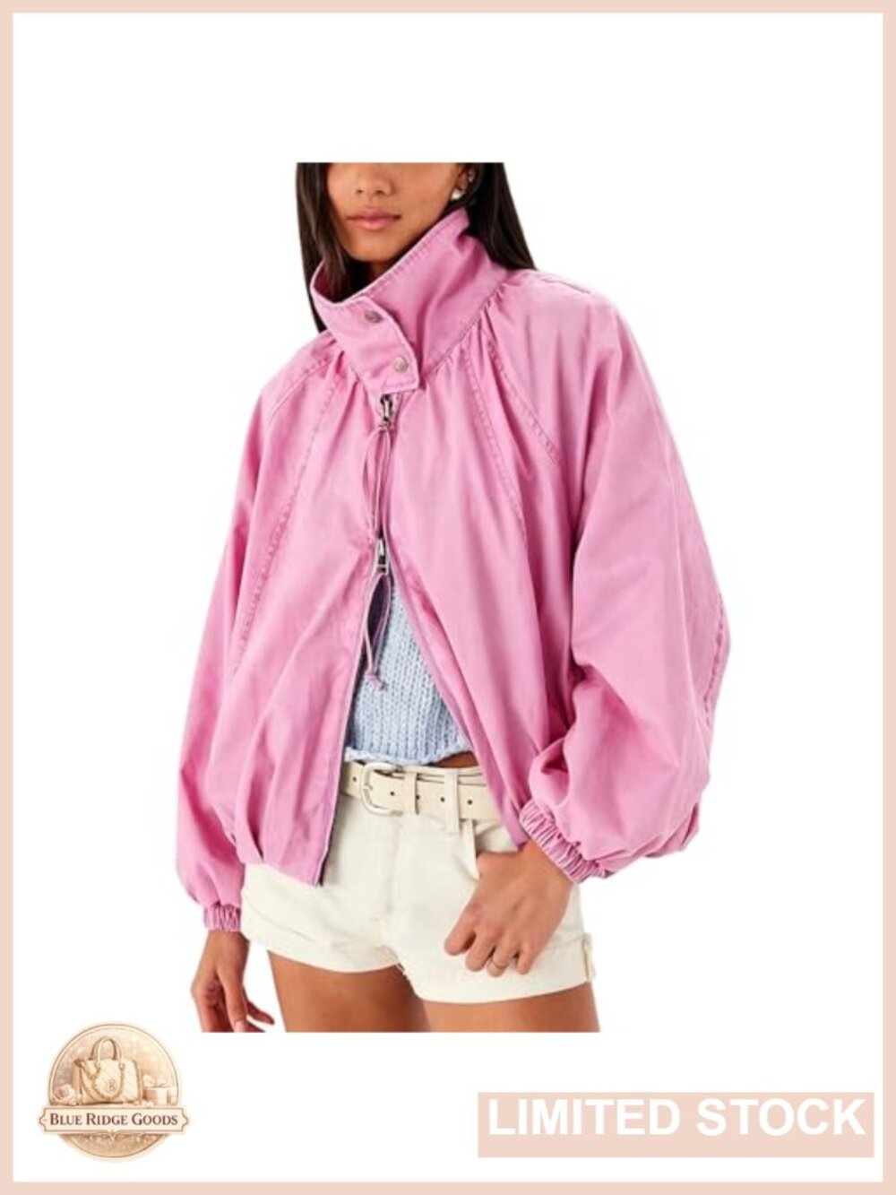 Oversized Cotton Bomber Jacket Funnel Neck Zip Up Batwing Sleeve Casual